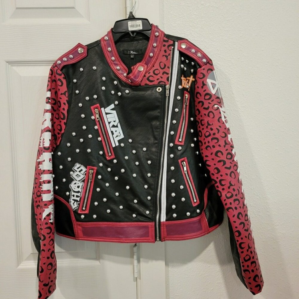 New Faux leather fuchsia and black bomber jacket BLINGED OUT size XL